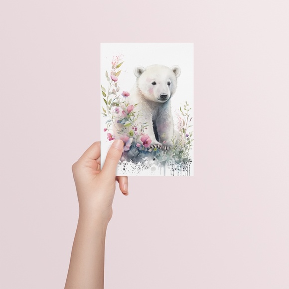 Floral Polar Bear Watercolor Wall Art Illustration Print Poster Unframed - Picture 5 of 8